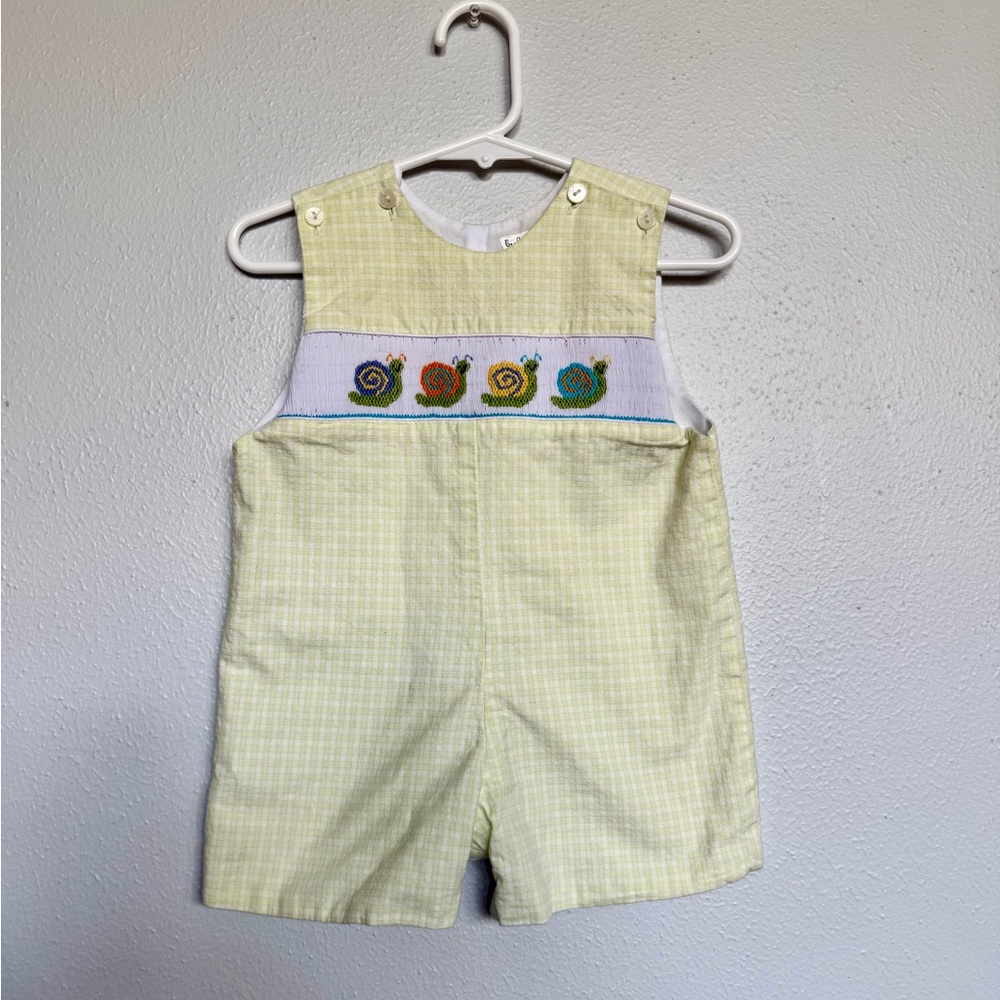 Stunning Hand Smock Plate Kids Snail Smocked Romper - Cream and Green